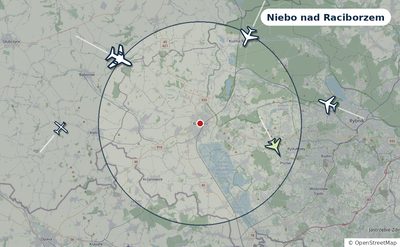 Mapa okolic miasta z sylwetkami samolotów — Niebo nad Raciborzem